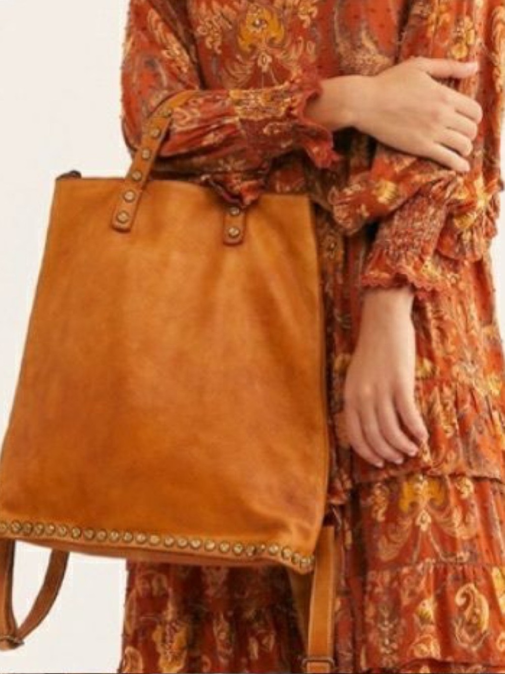 Free People  Ellie Tan Leather Stud-Trim Backpack Tote